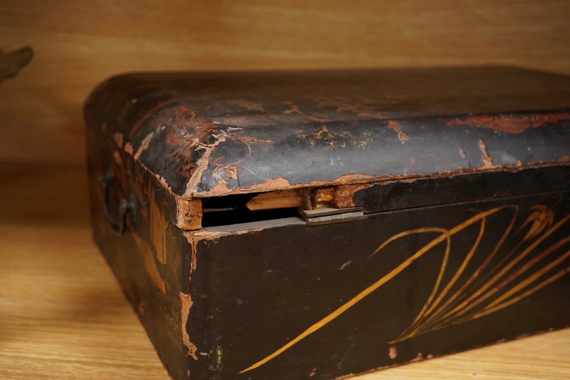 Two 19th century Chinese export lacquer boxes, to include a hexagonal example with front drawer and key, 36cm wide x 28cm deep x 16cm high